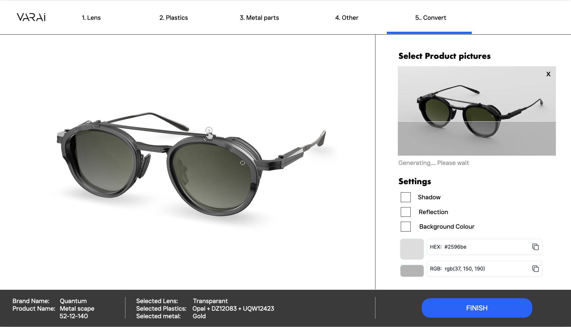 A rendering software showing a pair of glasses in a 3D viewer being rendered into a realistic product picture