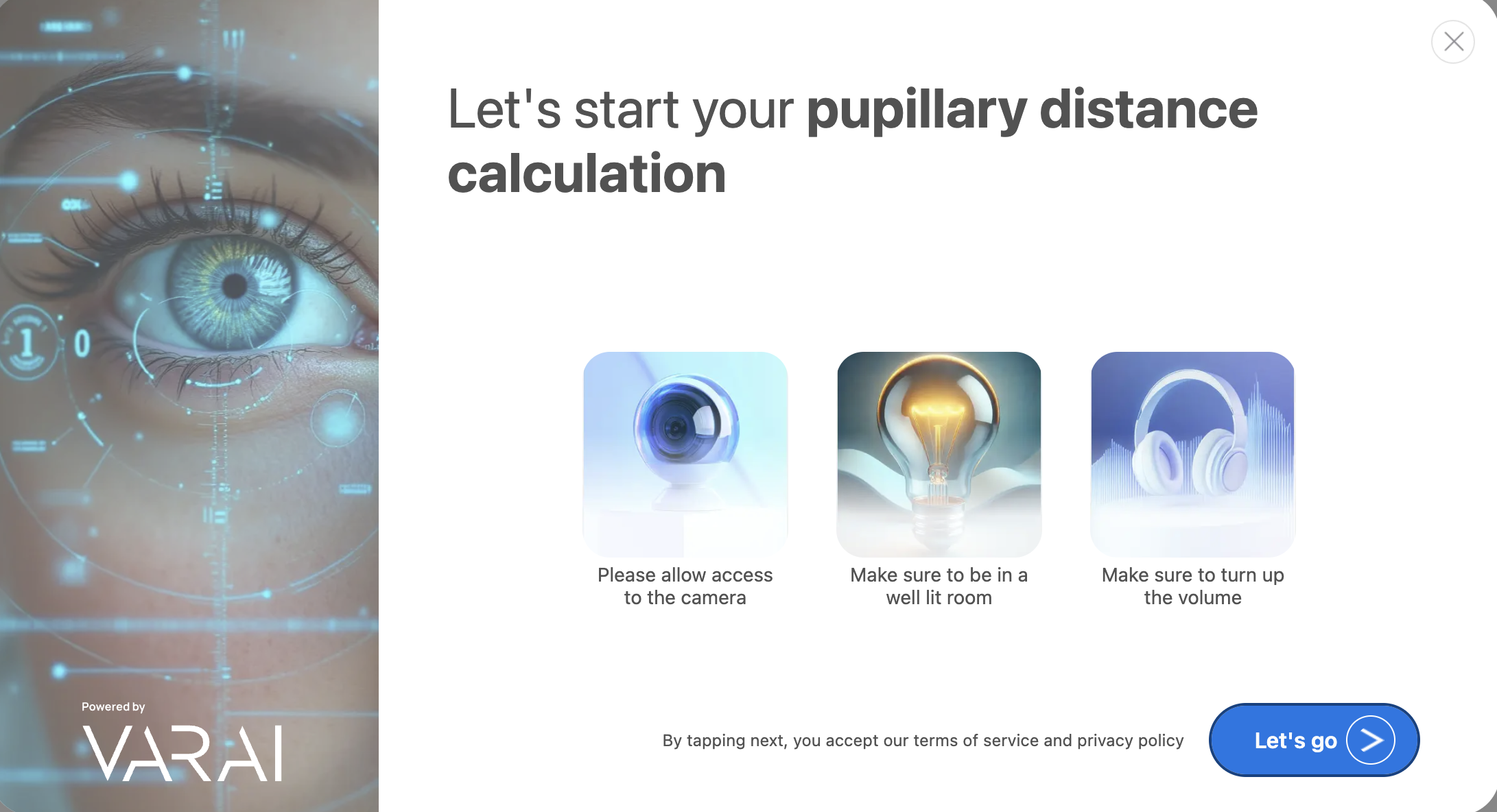 A user interface of a pupillary distance calculator of VARAi