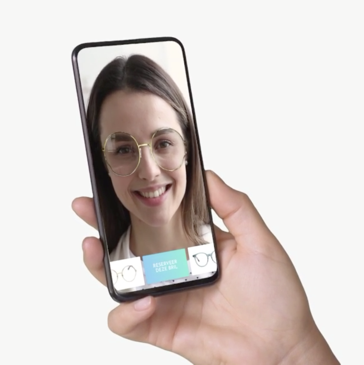 Woman trying on glasses on a smartphone with virtual try on technology